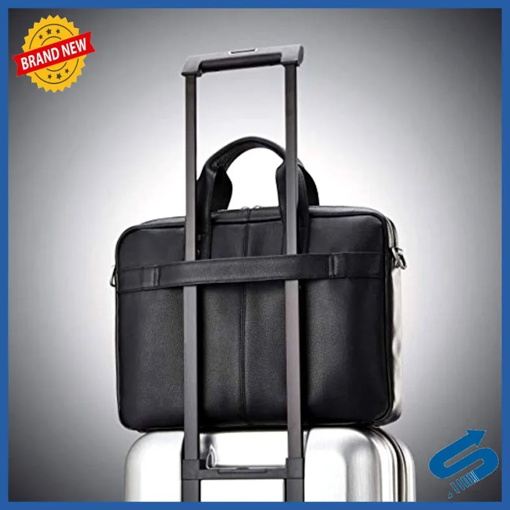 Leather Slim Briefcase with Padded Laptop Compartment and Detachable Strap